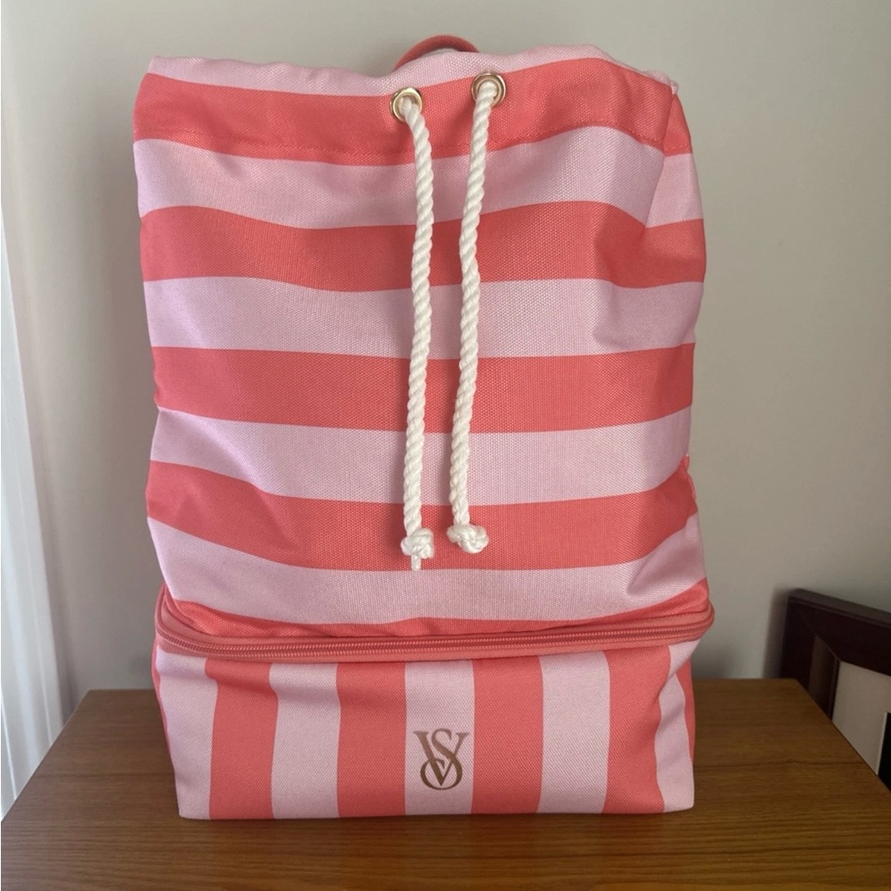 Victoria's Secret Beach Cooler backpack summer 2025. Coral & Light Pink Stripe.
